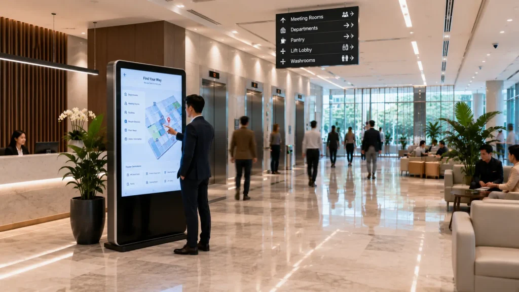 Interactive wayfinding kiosk installed in a modern corporate office to guide employees and visitors.