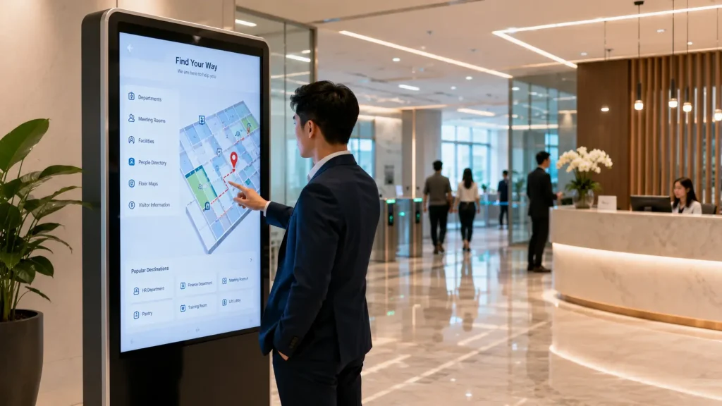 Interactive Office Wayfinding touchscreen helping visitors navigate a modern corporate office in Malaysia.