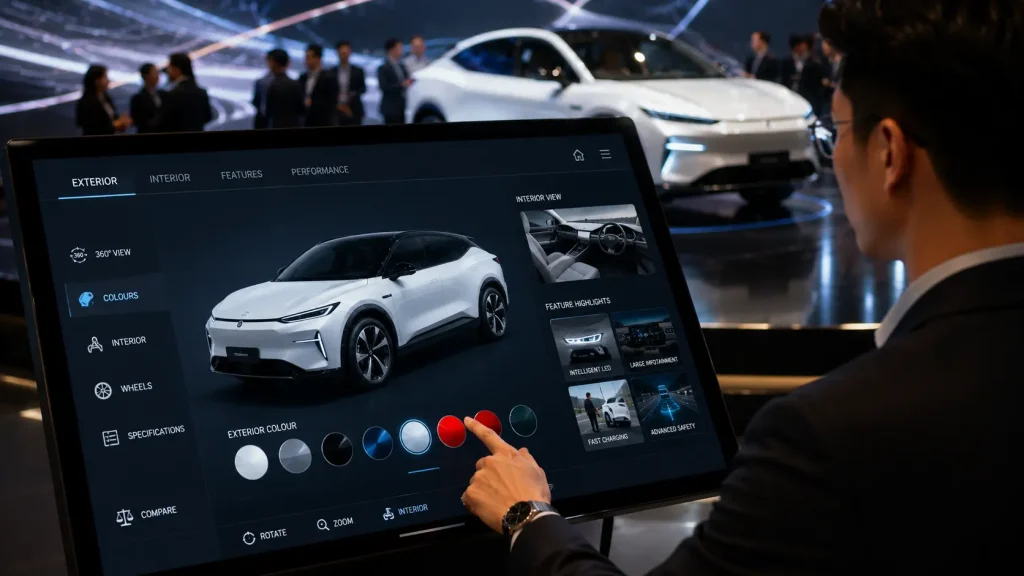 Guest exploring vehicle colours and features using an interactive touchscreen product configurator.