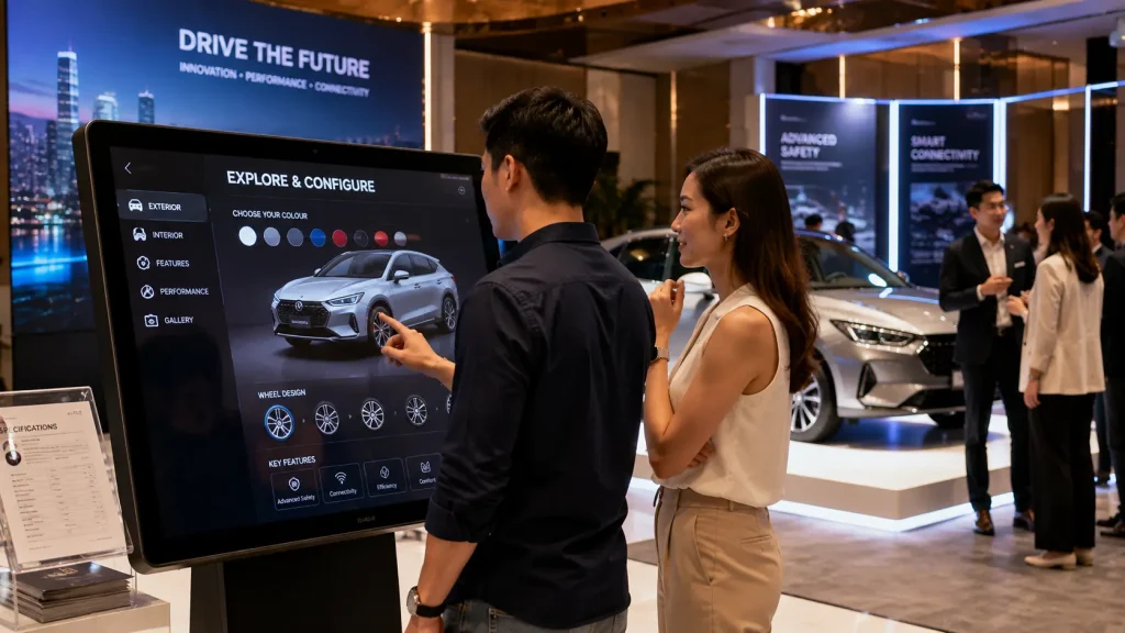 Interactive product experience allowing visitors to explore product features at a corporate launch in Malaysia.