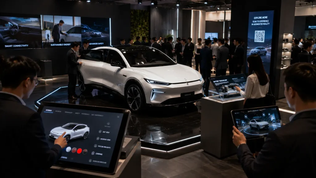 Guests exploring touchscreen, AR and interactive product experiences after a corporate product launch.