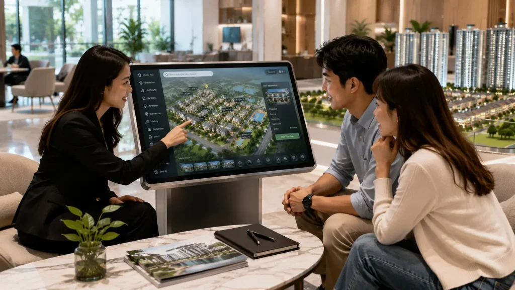 Property buyers exploring an interactive property map with a sales consultant