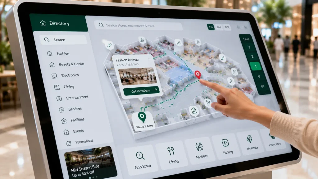 Interactive touchscreen showing a 3D shopping mall directory map
