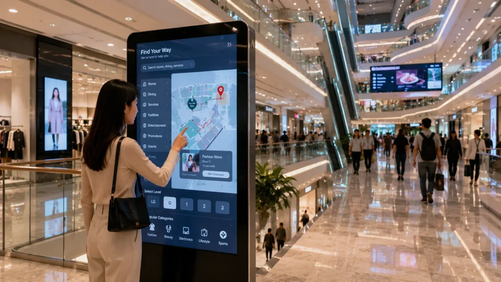 Interactive Shopping Mall Wayfinding touchscreen helping visitors navigate a modern shopping mall in Malaysia.