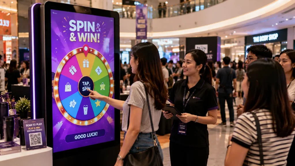 Interactive Spin and Win touchscreen experience at a corporate roadshow in Malaysia.