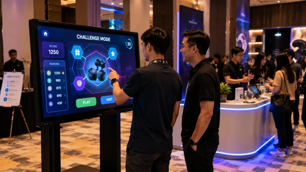 Interactive touchscreen experience engaging visitors at a corporate product launch or roadshow.