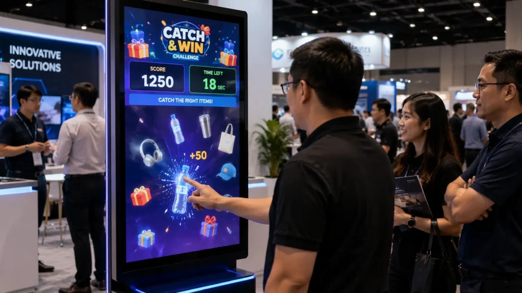 Interactive Touchscreen Game engaging visitors at a corporate exhibition in Malaysia.