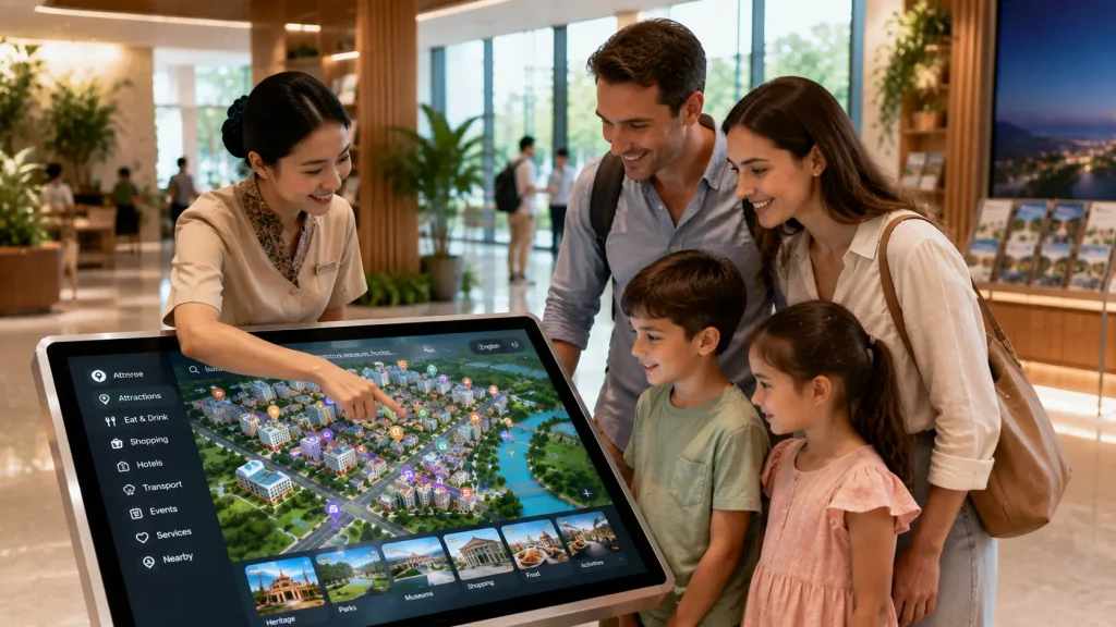 Tourists using an interactive tourist map with assistance from a visitor information ambassador