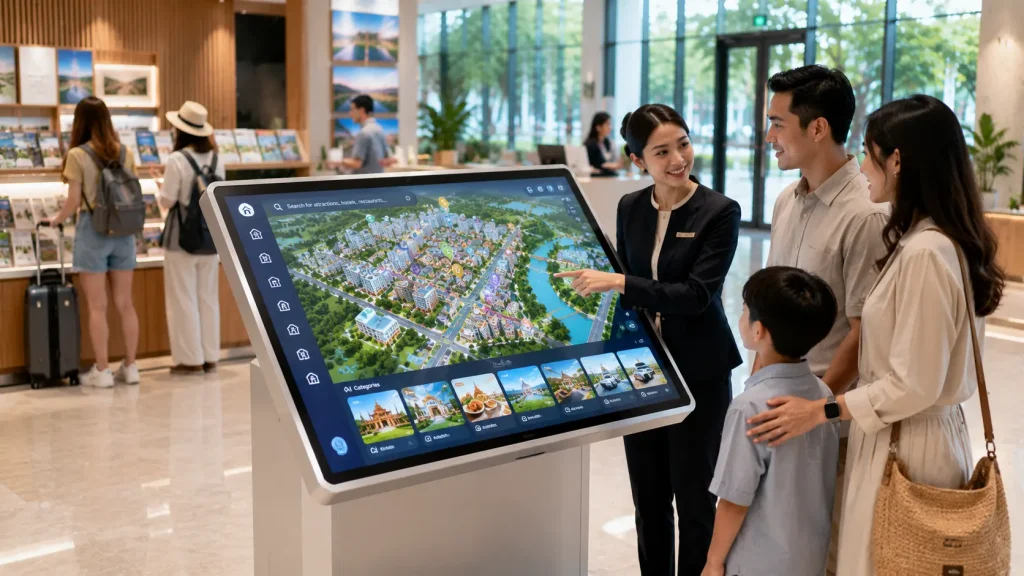 Interactive tourist map kiosk inside a modern Malaysian visitor information centre