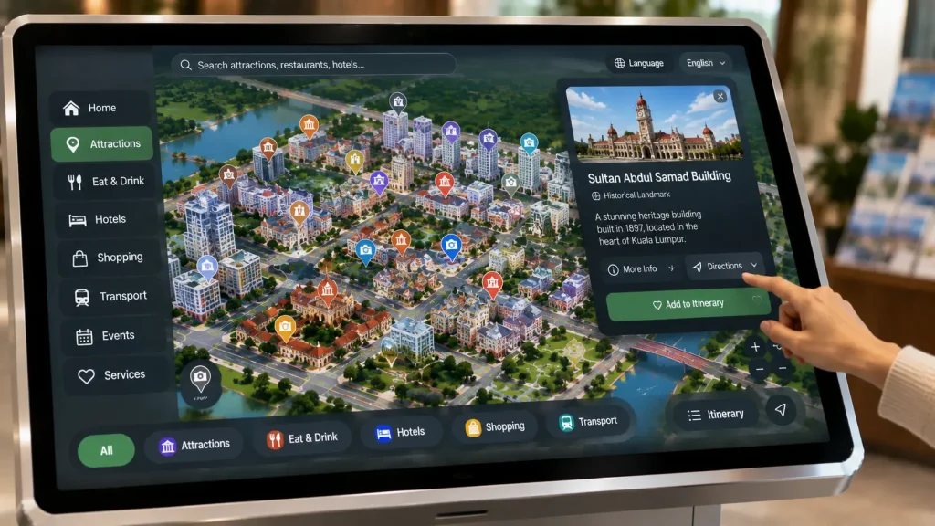 Interactive touchscreen displaying a digital tourist map and attraction guide