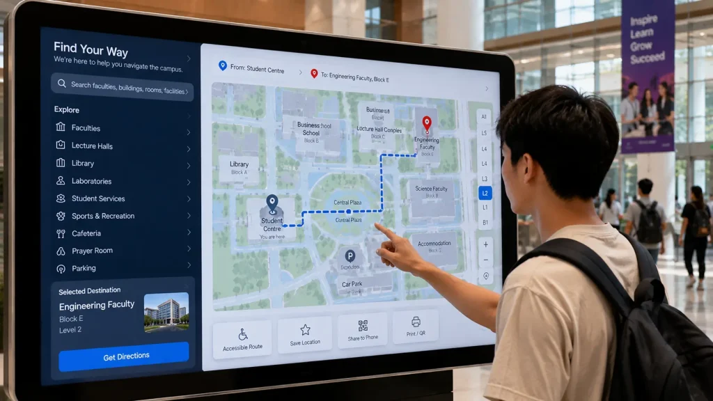 Interactive University Wayfinding screen displaying a digital campus map and walking route to an academic building.
