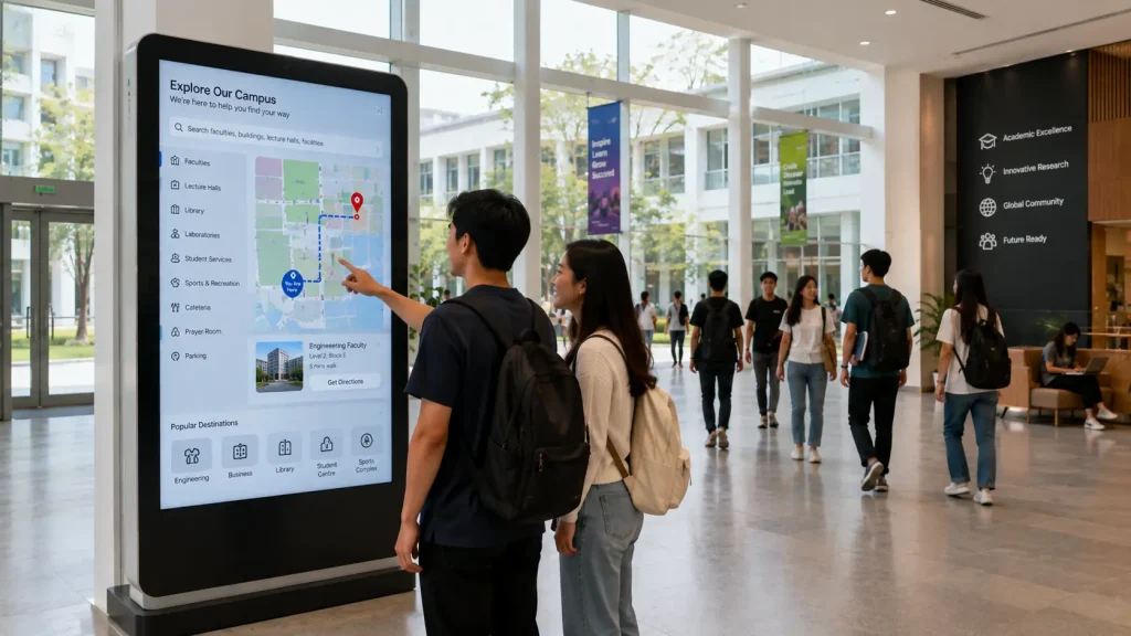 Interactive University Wayfinding touchscreen helping students navigate a modern university campus in Malaysia.