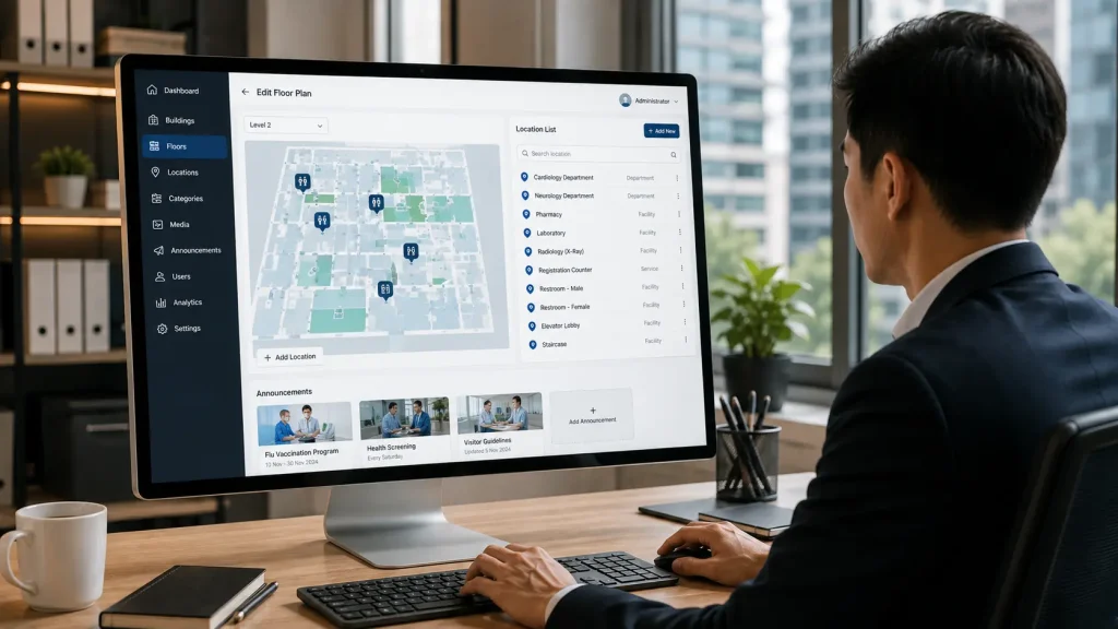 Administrator updating an Interactive Wayfinding Content Management System with new building information.