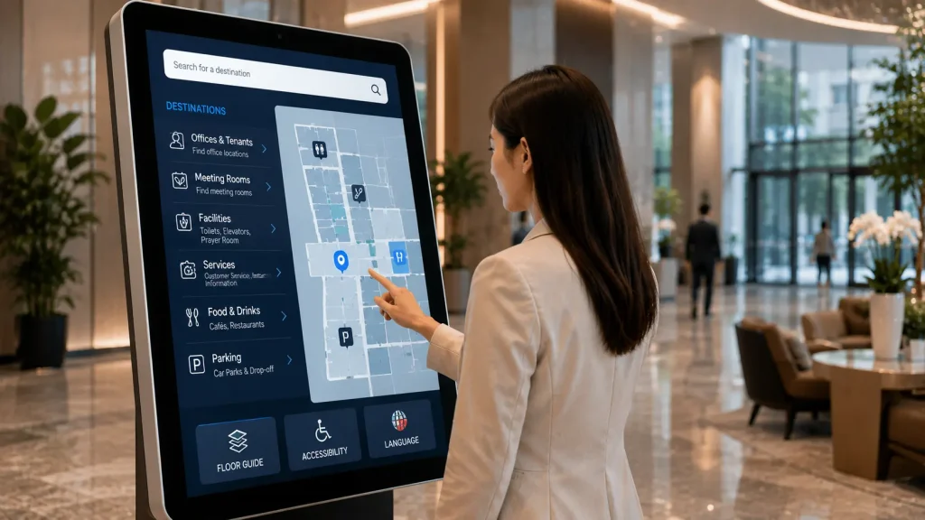 Large interactive touchscreen wayfinding kiosk displaying a searchable building directory.
