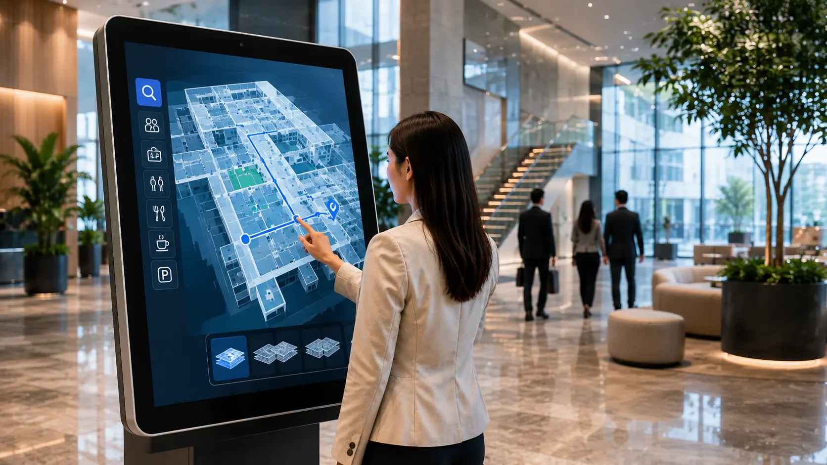 Interactive Wayfinding touchscreen kiosk helping visitors navigate a modern building in Malaysia.