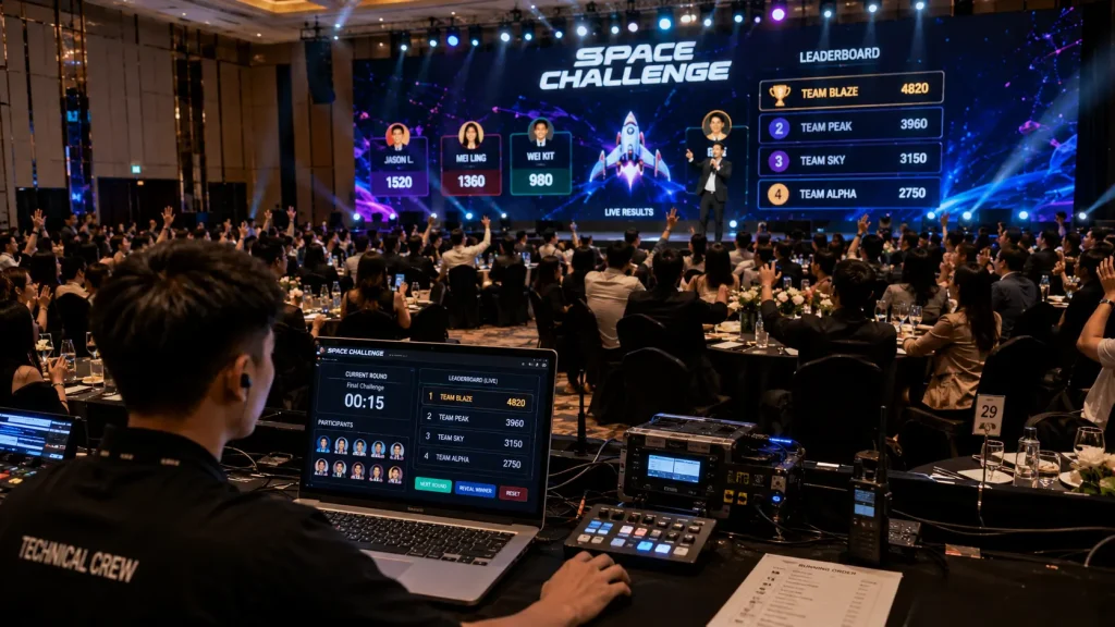 Interactive event technology operator managing a live big-screen audience experience at a corporate event in Malaysia.