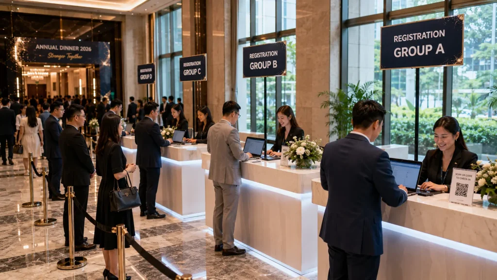 Multiple QR registration counters managing guests at a large corporate event in Malaysia.