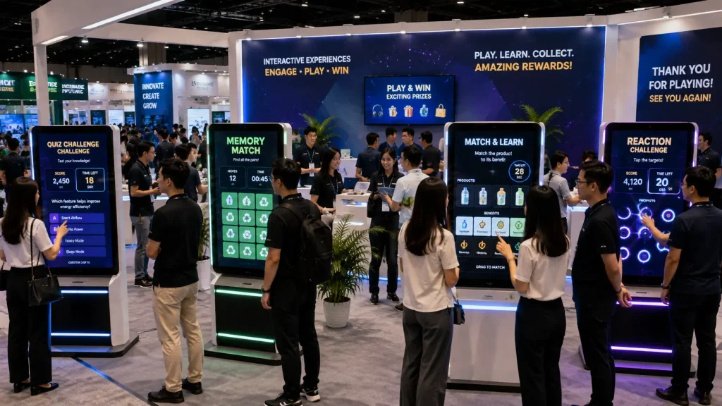 Multiple interactive touchscreen game stations engaging visitors at a corporate exhibition in Malaysia.