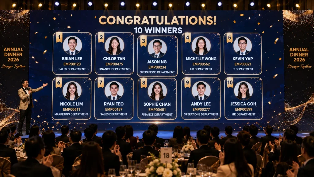 Digital lucky draw displaying ten corporate event winners simultaneously on a large LED screen.