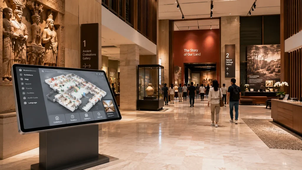 Interactive museum directory kiosk inside a premium Malaysian museum