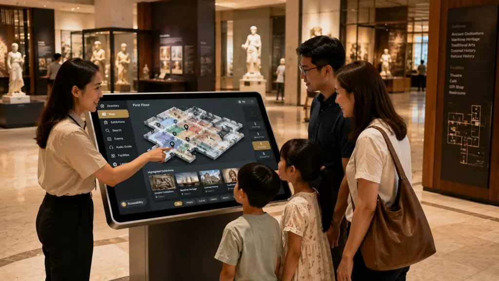 Museum visitors using an interactive museum map before exploring exhibitions