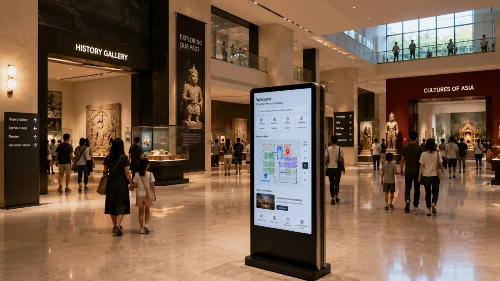 Interactive wayfinding kiosk positioned between multiple exhibition galleries inside a modern museum.