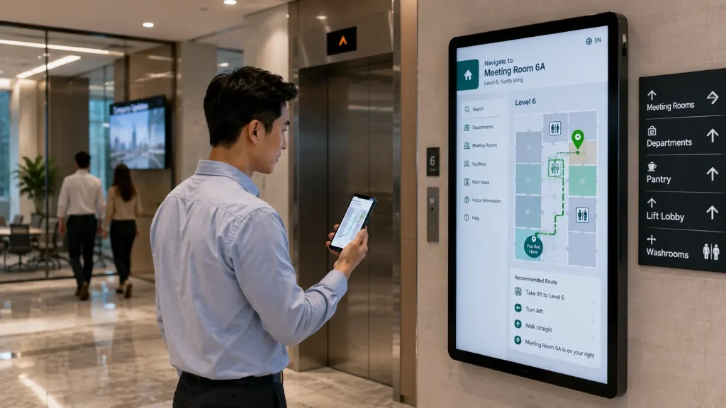 Business visitor continuing office wayfinding navigation on a smartphone after using an interactive directory.