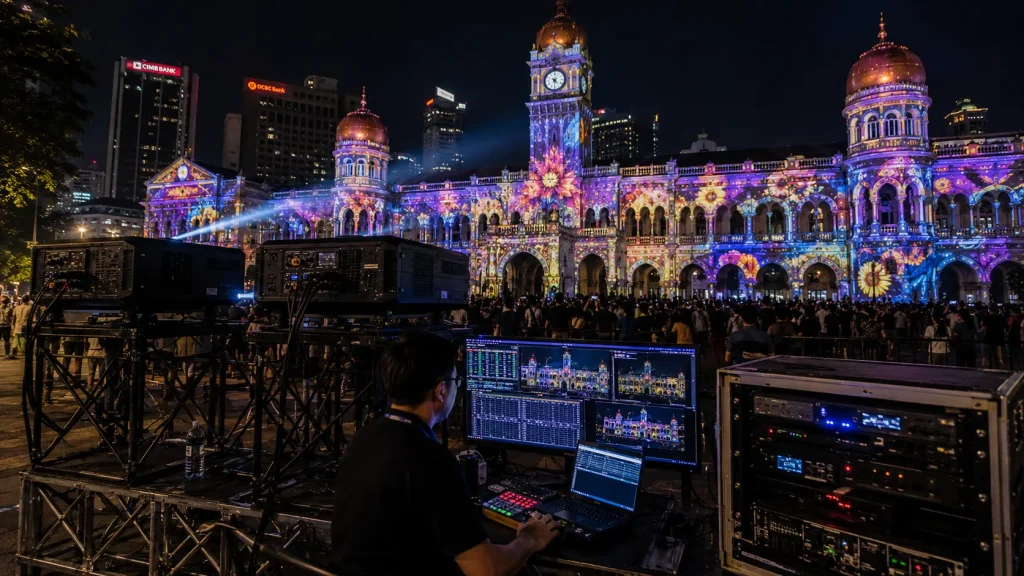 High-brightness outdoor projectors used for large-scale projection mapping in Malaysia.