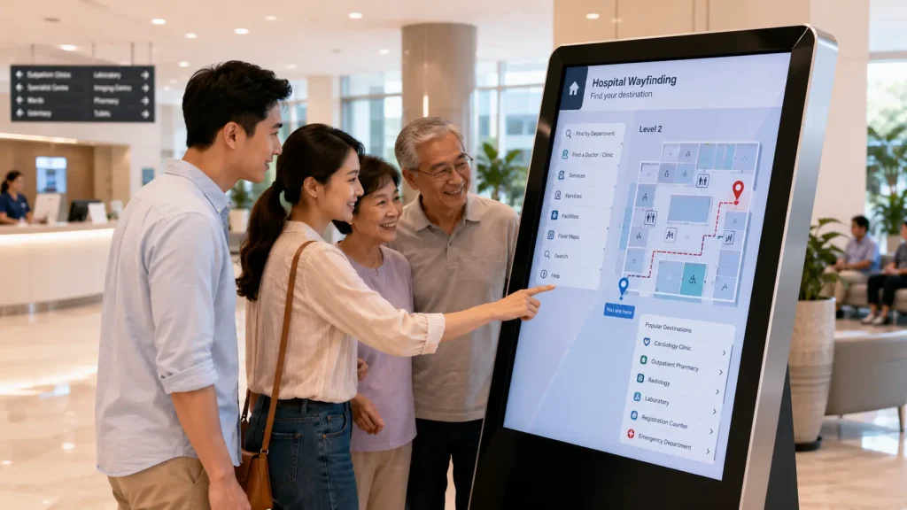 Family using an Interactive Hospital Wayfinding kiosk to locate a department in a medical centre.