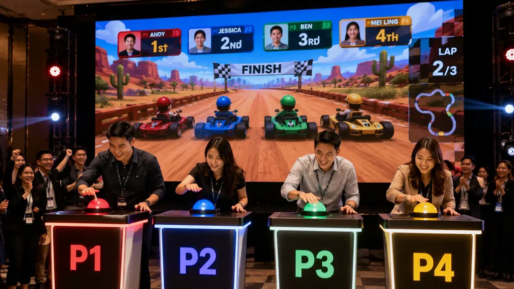 Corporate event participants using physical buttons to control a big screen racing game.