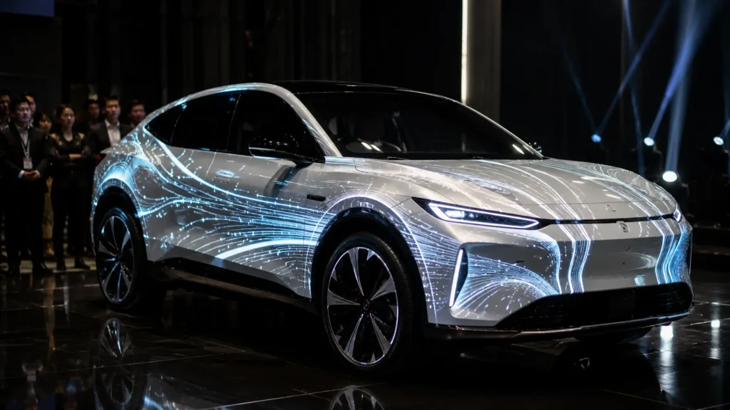 Projection mapping applied directly to a physical vehicle during an interactive product launch.