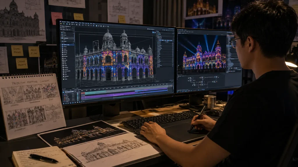 3D projection mapping content production in Malaysia using architectural modelling and animation workflows.