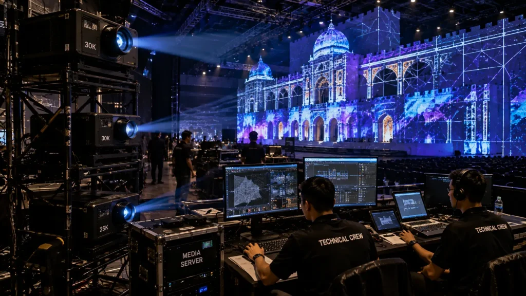 Professional projectors, media servers and technical setup required for projection mapping in Malaysia.