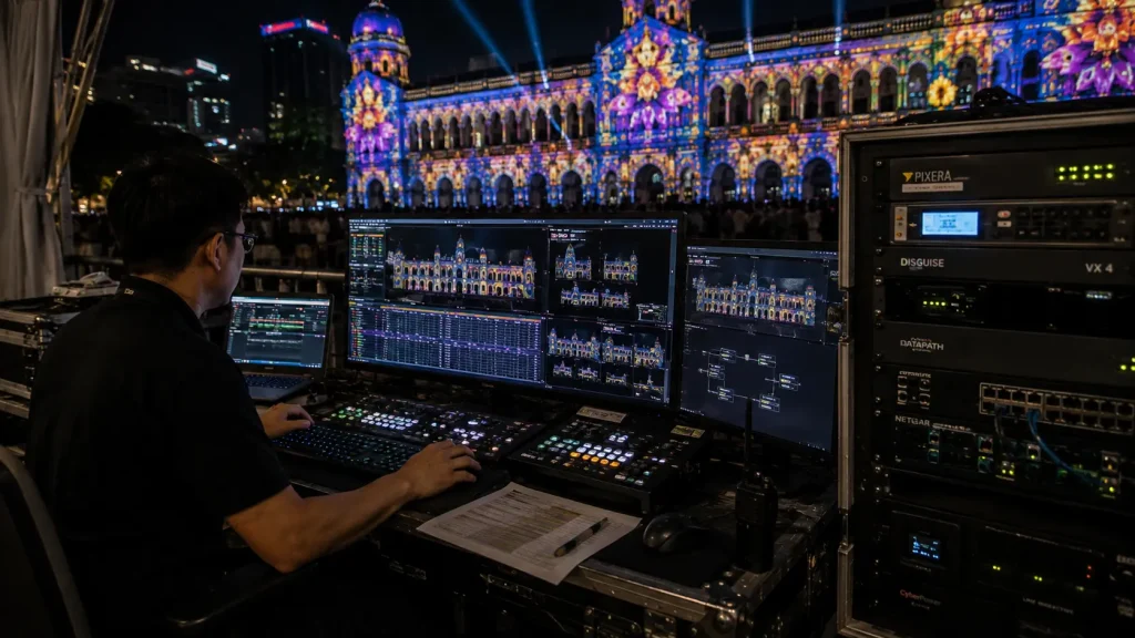 Projection mapping media server and technical control system used for professional event production in Malaysia.