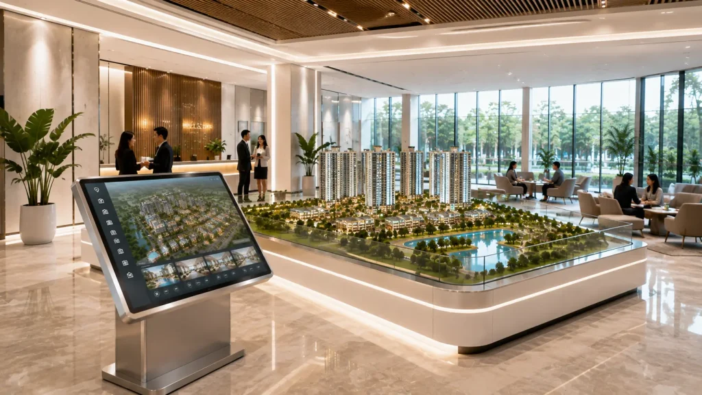 Interactive property directory kiosk inside a premium Malaysian sales gallery
