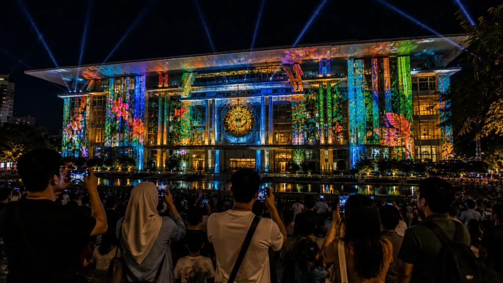 Audience watching a large-scale public building projection mapping experience in Malaysia.