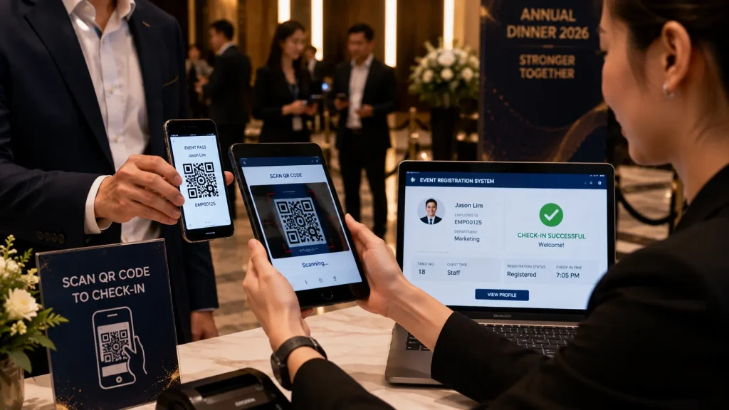 Event staff scanning a guest QR code during corporate event registration.
