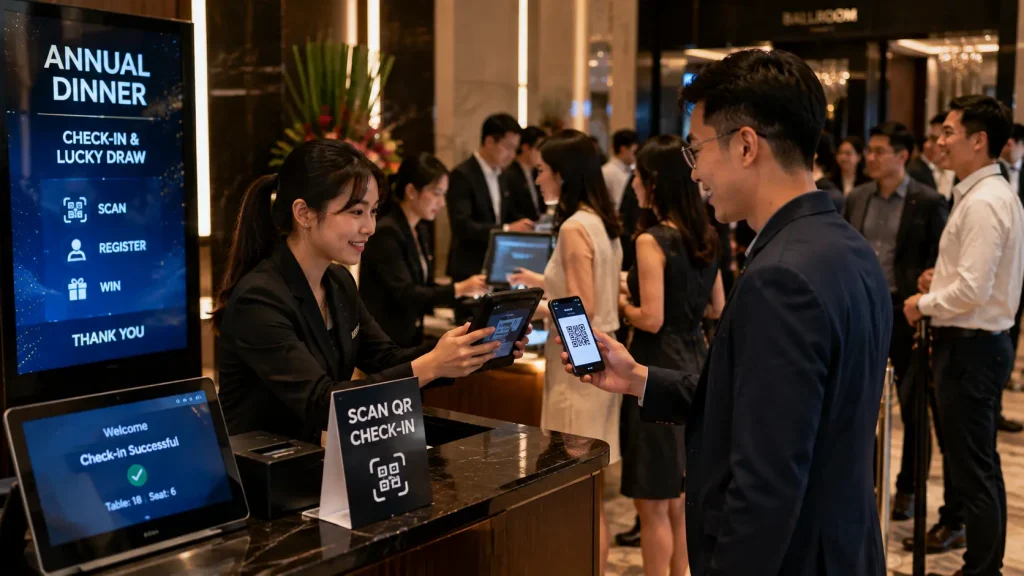 QR event registration system helping corporate guests check in at an event in Malaysia.