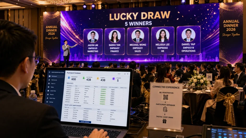 QR event registration database integrated with a big screen digital lucky draw at a corporate event.