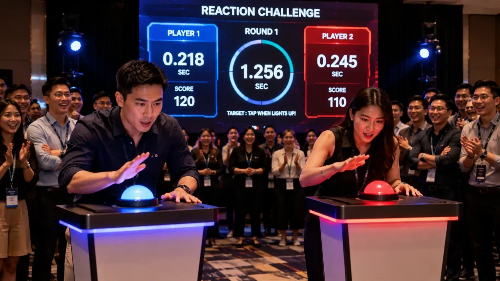 Corporate event participants competing in an interactive reaction button challenge.