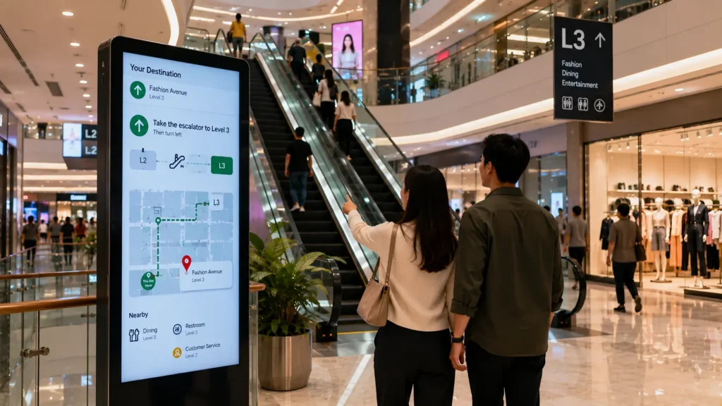 Interactive Shopping Mall Wayfinding guiding visitors between different retail floors using escalators.