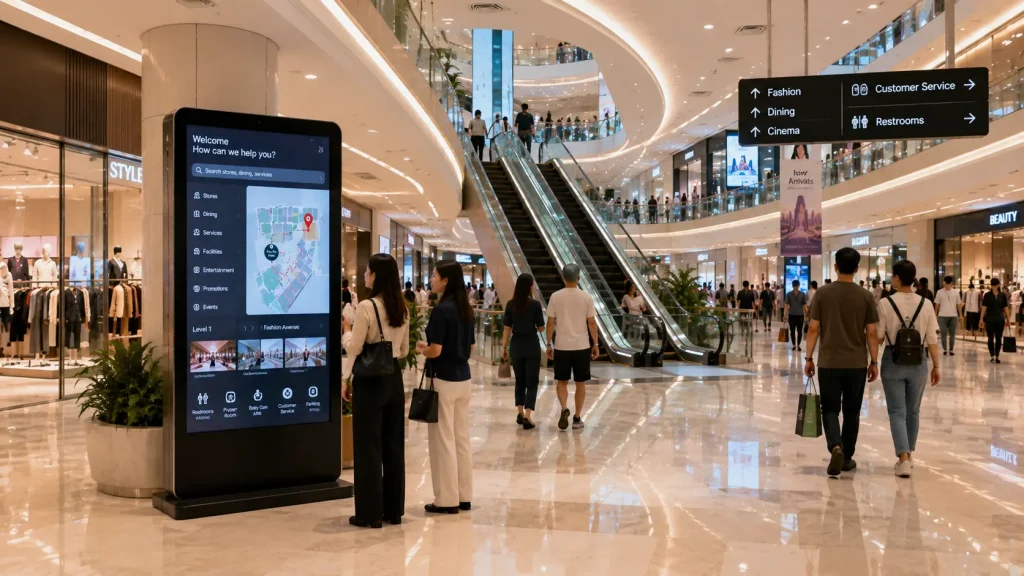 Interactive wayfinding kiosk positioned in a large shopping mall atrium near escalators and retail stores.