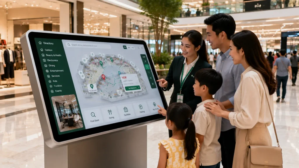 Visitors using an interactive shopping mall map to find stores