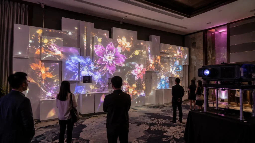 Small indoor projection mapping setup in Malaysia using a professional projector and mapped physical display surface.