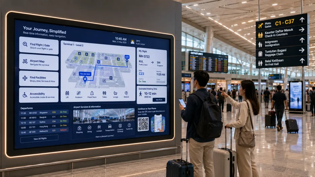 Smart airport interactive wayfinding combining flight information, terminal navigation and mobile passenger services.