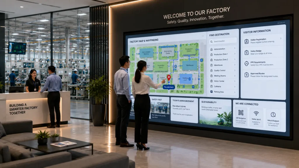 Smart factory interactive wayfinding system combining visitor navigation, safety information and factory communication.