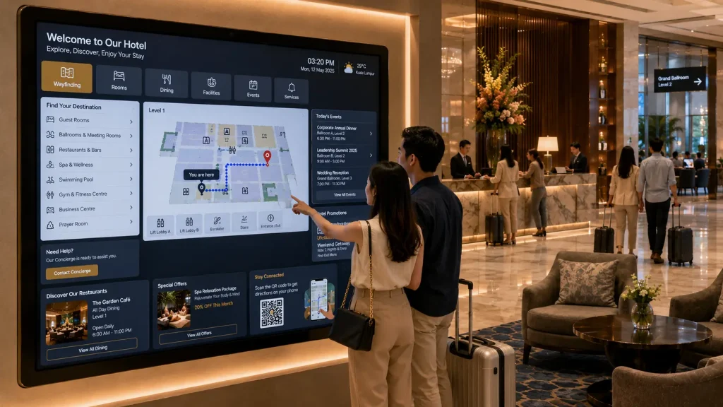 Smart hotel interactive wayfinding combining guest navigation, events, digital concierge and hotel services.
