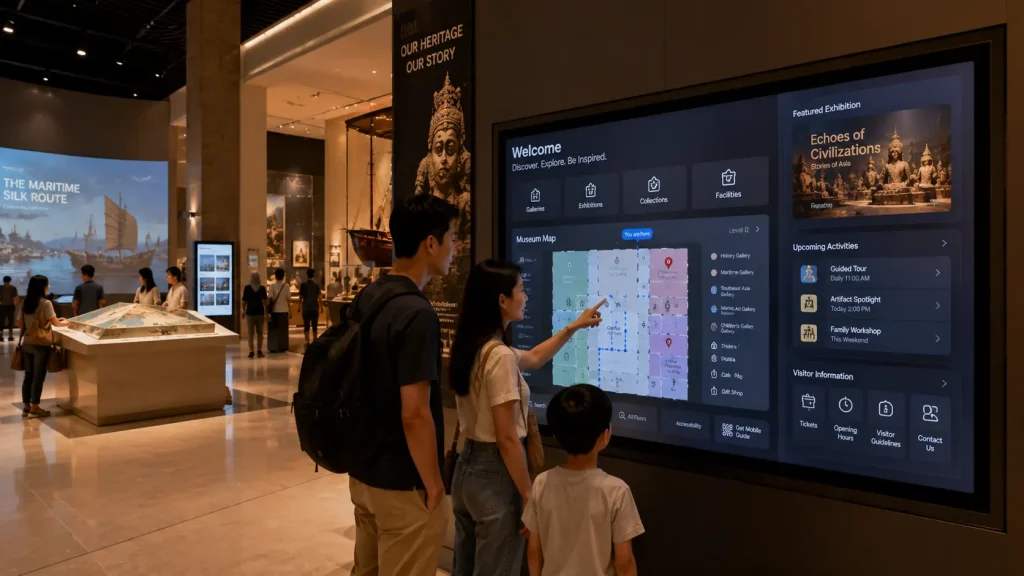Smart museum wayfinding system combining navigation, exhibition discovery and interactive visitor information.