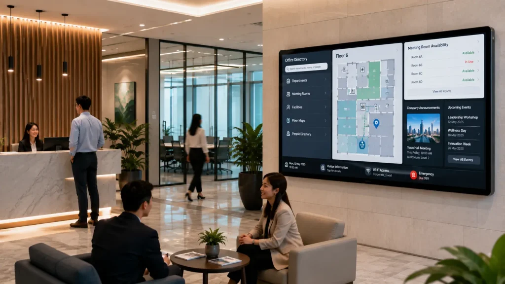 Interactive office wayfinding system integrated with meeting room and workplace information in a smart office.