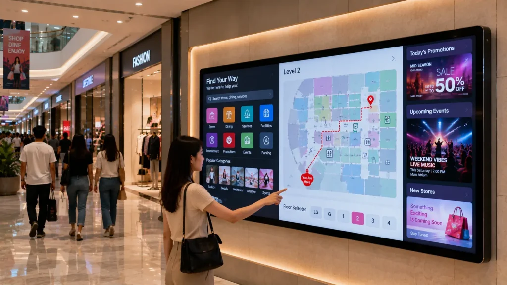 Smart shopping mall wayfinding system combining interactive navigation, tenant information and retail promotions.